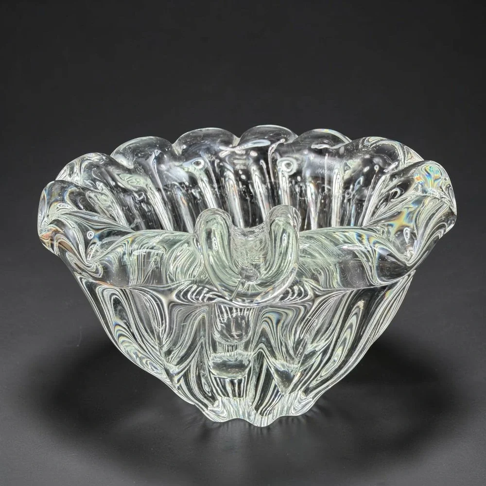 Vintage 1980s Italian Art Glass Scalloped Ruffled Ribbed Clear Heavy Bowl 5x3